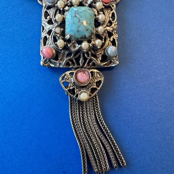 Vintage Etruscan Choker Necklace Tassel Heart Silver Tone Unsigned MCM Statement - Picture 5 of 17